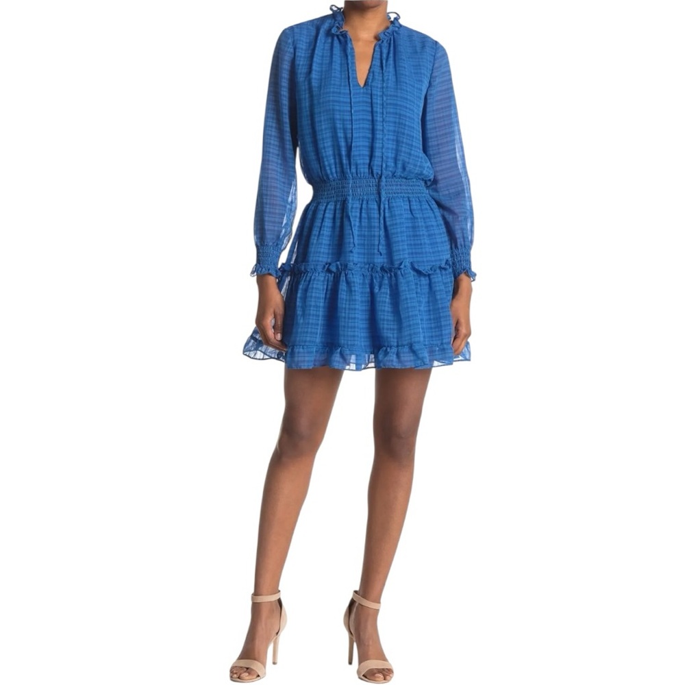NSR Emma Ruffle Trim Mini Dress size Large Long Sleeve Smocked Waist Blue Plaid